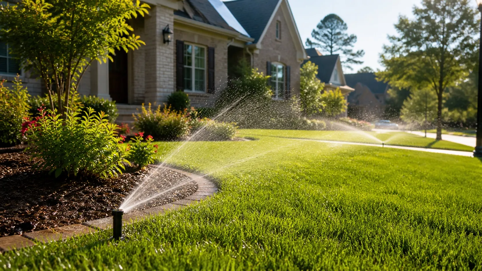 Brick home with landscaped beds and sprinklers watering the front lawn